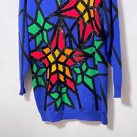 Knit Sweater Women's Medium Blue Church Stained Glass 80s Vintage Art To Wear - Picture 7 of 15